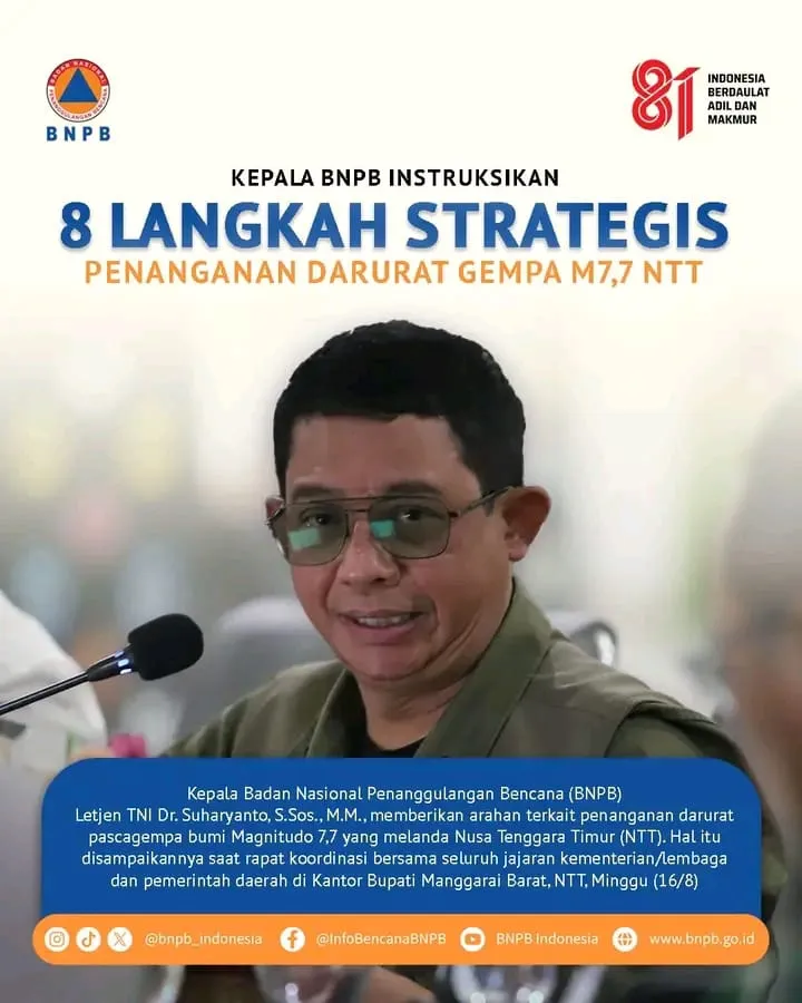 Kepala BNPB Intruksikan Delapan Langkah Strategis Percepatan Penanganan Masyarakat Terdampak Gempa Bumi M7,7 Flores, NTT